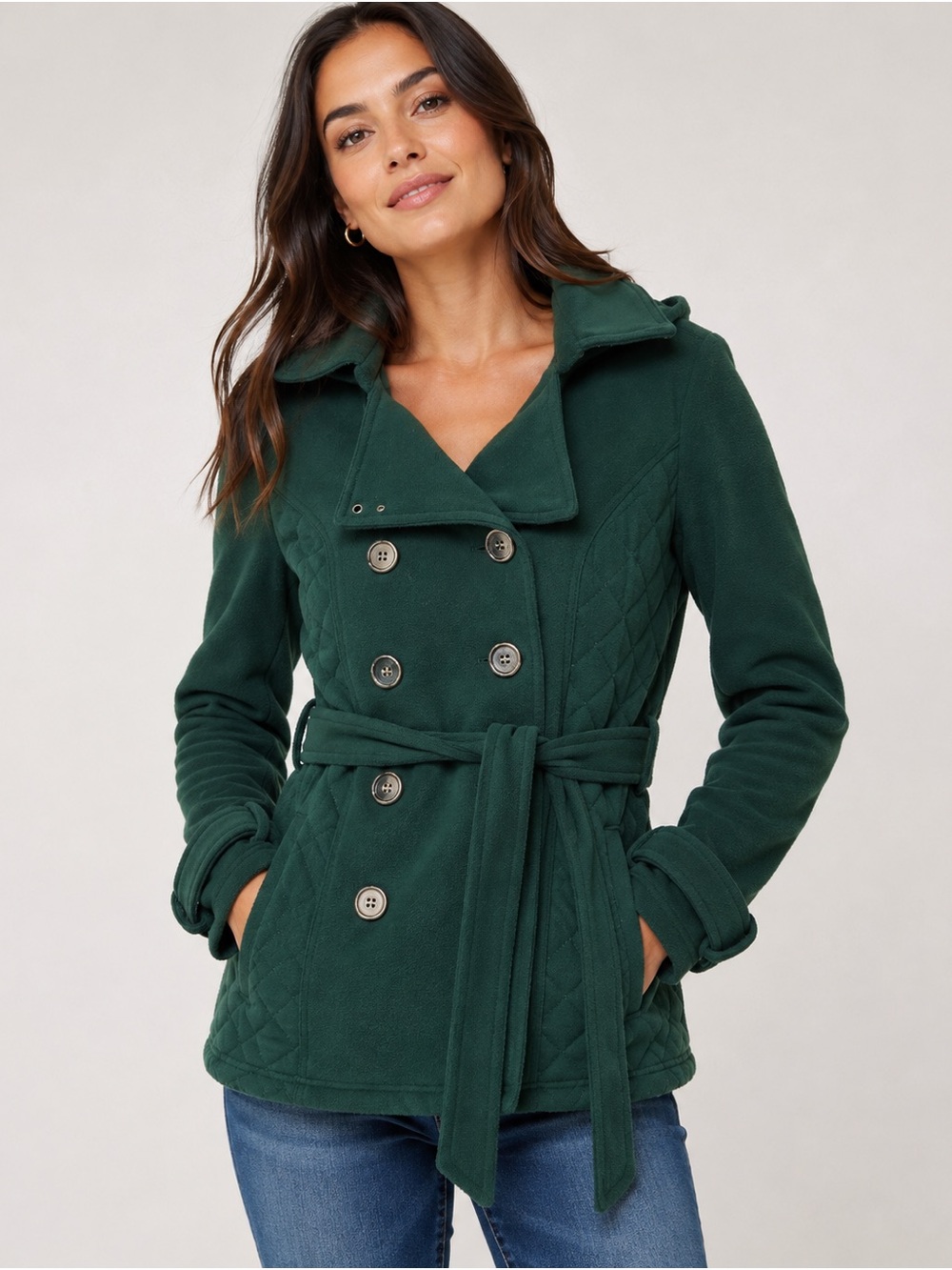 BONGO Dark Green Double-Breasted Quilted Belted Pea Coat